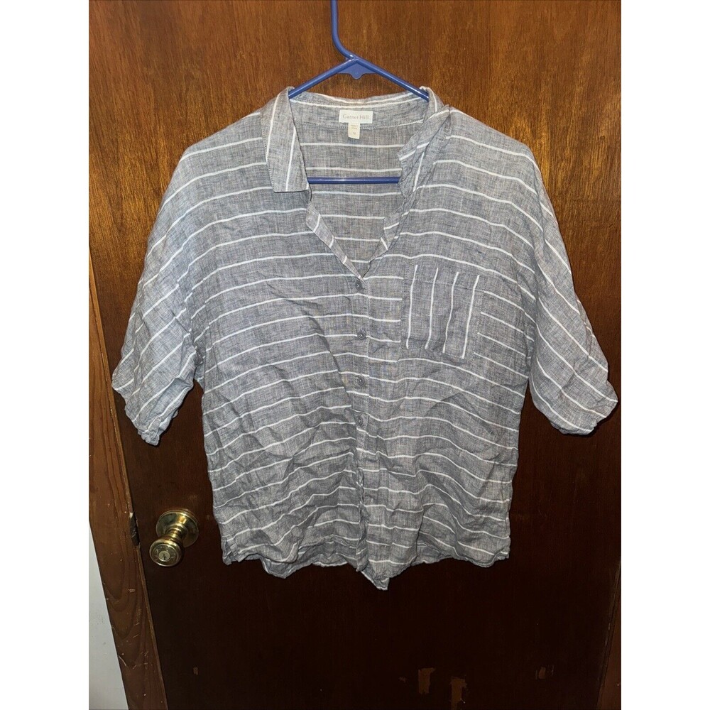 Garnet Hill Womens Gray Stripe Button Up Shirt Size 12 100% Linen